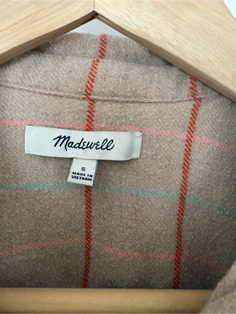 Madewell Beige Plaid flannel Shirt with Orange and Pastel Pink Stripes - Picture 2 of 4